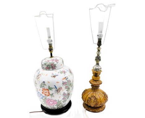 A large Chinese porcelain lamp base, decorated with flowers and butterflies, etc., modelled as a ginger jar, on a plinth, 51c