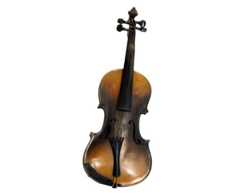 A Continental violin, bearing paper label for Antonio Stradivarius, two piece back, possibly German, length of back, 35.5cm, 