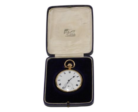 A 9ct gold pocket watch, with white enamel Roman numeric dial, blue hands and seconds dial, with a 17 jewel movement, stamped