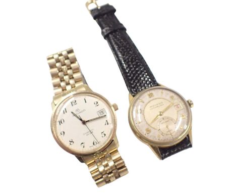 Two Movado wristwatches, comprising a Movado Calendoplan wristwatch, with silvered dial, and gold plated case, on leather str