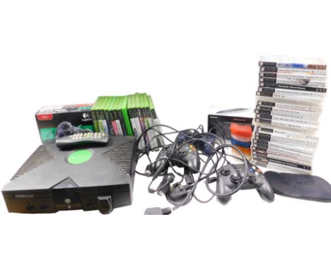 Various items of vintage gaming, etc., to include a Sony PSP, boxed, various PSP games, an Xbox, etc.