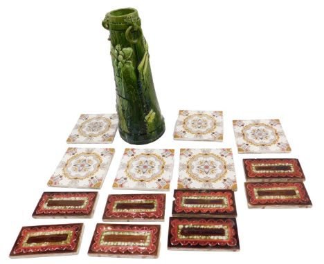 Various late 19th/early 20thC transfer printer ceramic tiles, square and rectangular examples, and a Bretby Majolica vase, de