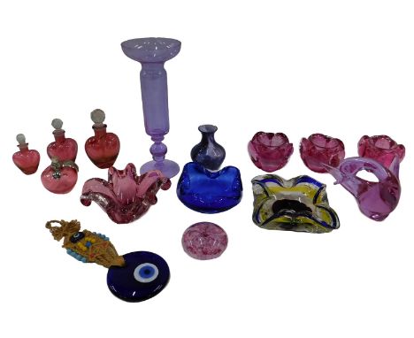 A collection of coloured Art Glass, to include purple tinted vase, various cranberry tinted heart shaped scent bottles, teali