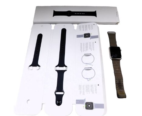 A 42mm Apple Watch, ceramic backed, on brown leather strap, serial number FHMQ2GPVG9J8, and an additional 44mm black watch st