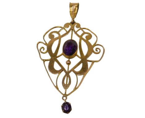 An Art Nouveau amethyst set pendant, set with two oval amethysts, yellow metal stamped 9ct, 4cm high, 2.4g.