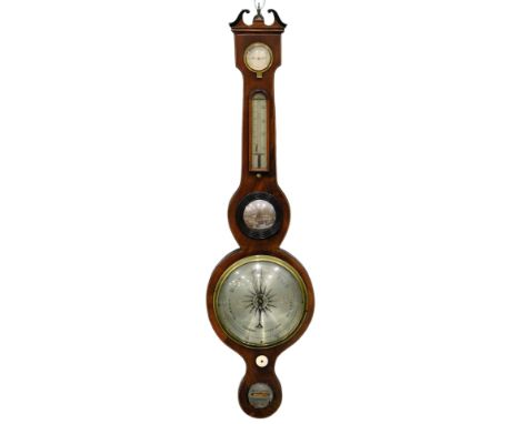 A 19thC banjo barometer, signed M&amp;E Levin, London, in a mahogany boxwood and ebony strung case, with silvered dial, therm