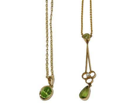 Two 9ct gold peridot necklaces, comprising a single stone set pendant, 1cm high, on flattened curb link chain, 50cm long, and