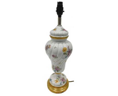 A Louis Nichole for Franklin Mint ceramic table lamp, with transfer printed decoration of flowers, on gilded effect base, 46c