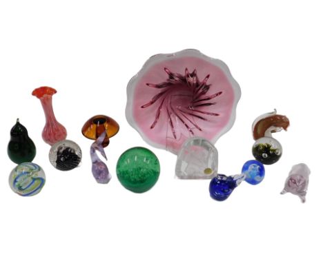 A collection of glass, to include a Czech bowl, a Goebel panda paperweight, various other paperweights, etc.