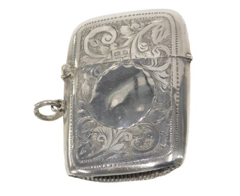 A Victorian silver vesta case, with engine engraved scroll decoration with vacant cartouche, Birmingham 1894, 0.57oz.