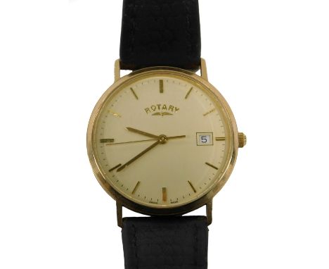 A 9ct gold cased Rotary gentleman's wristwatch, with a cream battoned dial with seconds dial, 3cm diameter dial, on a black l