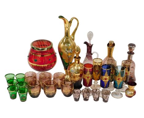 A quantity of Venetian coloured glass, to include ruby tinted pieces some with stylised jewels, etc.