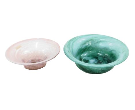 A Scottish pink Art Glass Monart style bowl, 23cm diameter, and a similar green example, 27cm diameter.