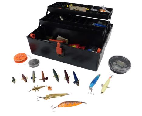 A collection of Devon minnows and other fishing lures, contained in a cantilever toolbox, and including ABU Toby lures, artif