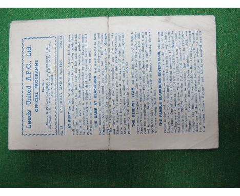 Leeds United 1945-6 Programme v. Blackburn Rovers, dated March 2nd 1946 (creased, grubby).