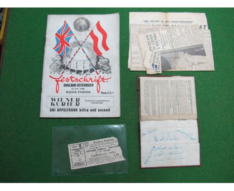 Austria v. England 1952, a programme Wiener Kurier Festschrift issue (slight rusty staples), together with a match ticket. Bo