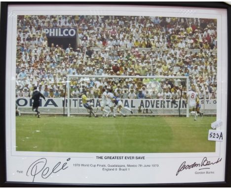 World Cup 1970 Coloured Print 'The Greatest Ever Save', black pen signed by Pele and Gordon Banks, Terry Baker C.OF.A. 
