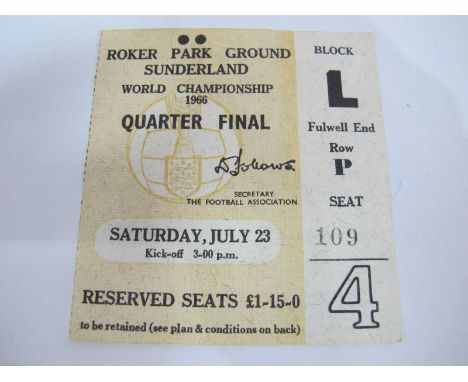 1966 World Cup Ticket, quarter final dated 23rd July, at Sunderland. 