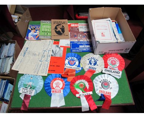1969 Manchester City F.A Cup Final Rosette, and 7 others 1955 & 57 England v Scotland song sheets, 1970 Harlem Globetrotters 