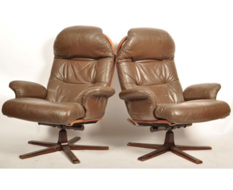 G&ouml;te M&ouml;bel nassjo (g-m&ouml;bel) - A pair of Swedish 1960's retro vintage brown leather tilt and swivel&nbsp; bentw