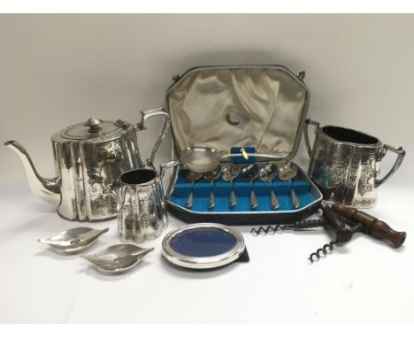 A three piece silver plated tea service, cutlery set, corkscrews etc.  - NO RESERVE