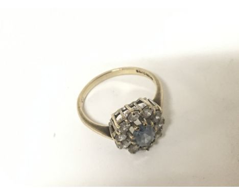 A 9carat gold ring set with an aquamarine coloured stone flanked by CZ in an oval ring size N-O  - NO RESERVE