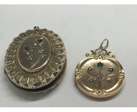 A 9ct gold locket set with green peridot and seed pearl 7g and one other unmarked oval locket set with seed pearl and Ruby (2