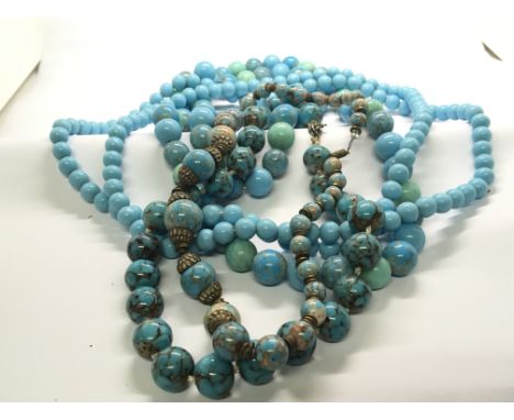 A collection of Vintage polished Turquoise and green beryl type bead necklace of good length. (a lot)