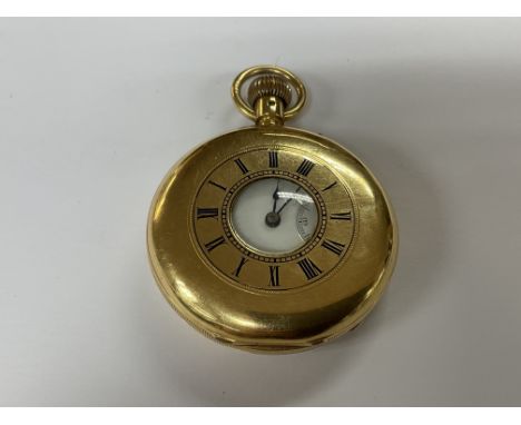 An 18ct gold half Hunter gents pocket watch with applied blue enamel Roman numerals dial, by Thomas Stepson, London. Serial n