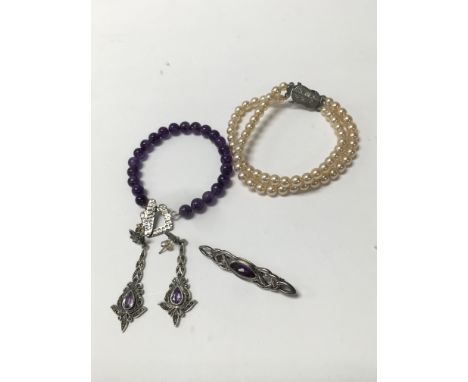 Silver earrings and a silver brooch, set with amethyst and an amethyst bangle, and one other  - NO RESERVE