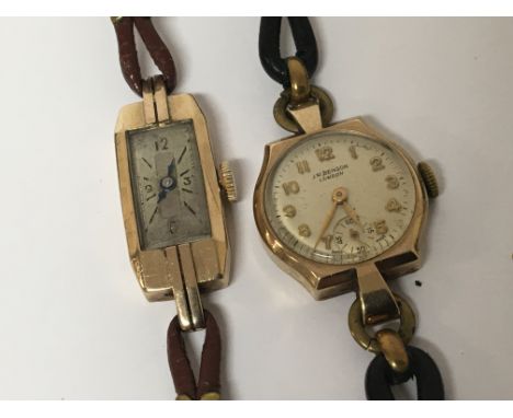 Two ladies 9ct gold cased vintage watches with leather straps (2)