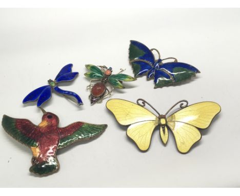 A collection of silver and other metal enamel butterfly insect and bird enamel brooches some slight damage. (a lot)