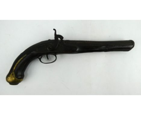 19th century percussion pistol of Indian origin with chased flared barrel and plain brass butt cap. 16&rdquo; overall 10&rdqu