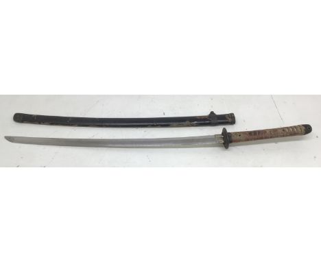 Japanese Pre WW2 Katana Sword with signature to handle tang in black lacquer scabbard (lacquer coming away from wooden body).