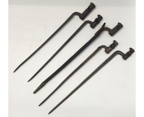 5 x 19th century steel socket bayonets. To include: 2 M1853 Enfield bayonets, with one marked for ‘F.Preston Manchester’, plu