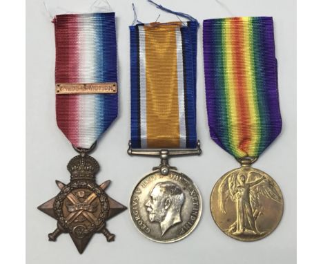 A WW1 1914 Star and ‘Mons’ clasp trio, awarded to 7583 Pte F. Apling of the 2nd Bedfordshire Regiment, and the Military Foot 