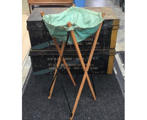 2 WW2 era RAF tin storage trunks, both named to 130759 F/Lt E.S.Parkes R.A.F, plus a scarce WW2 era portable canvas wash basi