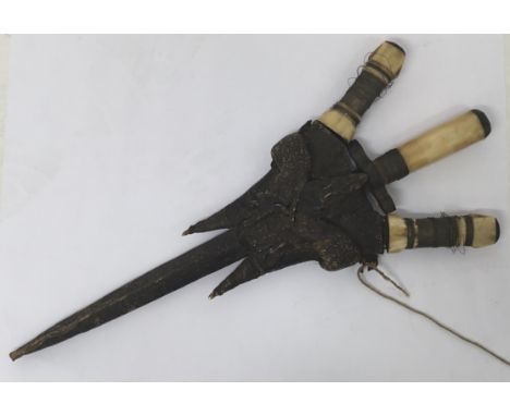 19th century, Mahdist War era, North African, likely Sudanese triple dagger, housed within a reptile skin sheath. Each dagger
