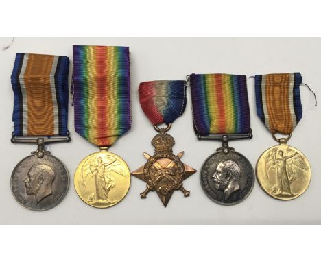 A WW1 casualty pair, awarded to 5006 Pte Daniel Greenfield of the Cheshire Regiment, plus to a 1915 star trio awarded to 2847