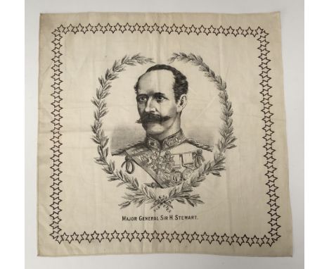 A scarce Mahdist war era souvenir memorial handkerchief. Printed with the portrait of Major-General Sir Herbert Stewart withi