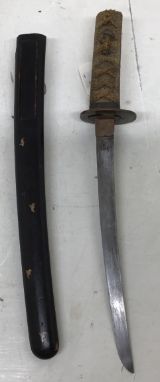 Japanese thin bladed Tanto Dagger with black lacquer scabbard decorated with stylised birds in flight, faint unreadable signa