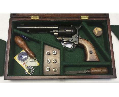 Cap firing inert replica Colt New Army pistol in lined wooden presentation case with tools and replica inert cartridges and i