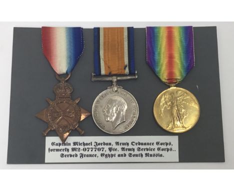 A WW1 1915 Star trio, awarded to a Captain Michael Jordon of the Royal Army Ordnance Corps. To include: the 1915 Star, Britis