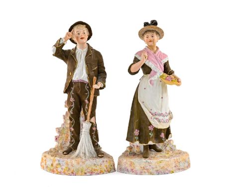 PAIR 19TH C. GEBRUDER HEUBACH COLOURED BISQUE FIGURES, of a gardener with broom and companion flower seller, on grassy bases,