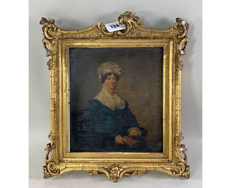 EARLY 19TH C. ENGLISH SCHOOL oil on panel - portrait of a lady in blue dress with white bonnet and collar, holding a book, 22