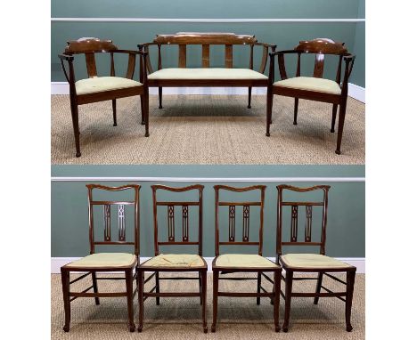 EDWARDIAN THREE-PIECE SALON SUITE, stained beech, parquetry and inlaid, settee 83h x 123w x 53cms d, armchairs 80h x 57w x 47