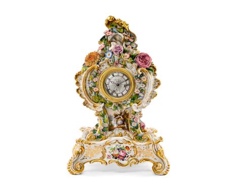 19TH C. JACOB PETIT PORCELAIN CLOCK & STAND, floral encrusted rococo form, on foliate painted base, gilt highlights, 46cms h 