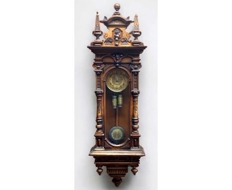 LARGE LATE 19C WALNUT VIENNA-STYLE WALL CLOCK, elaborate carved case housing circular Arabic dial with sunburst centre, simil