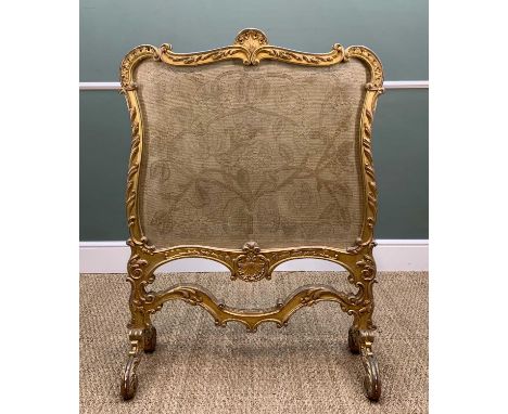 19TH C. GILTWOOD ROCOCO FIRESCREEN, shaped cartouche form, with acanthus and rocaille ornamented C-scrolled frame, on scrolle