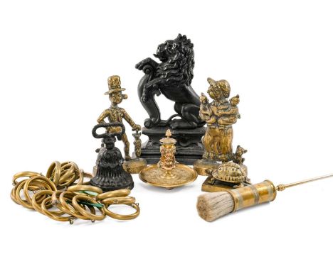 ASSORTED BRASSWARE, including Bacchus head inkwell on circular dish base, 16cms h, tortoise inkwell, 11cms w, both with assoc